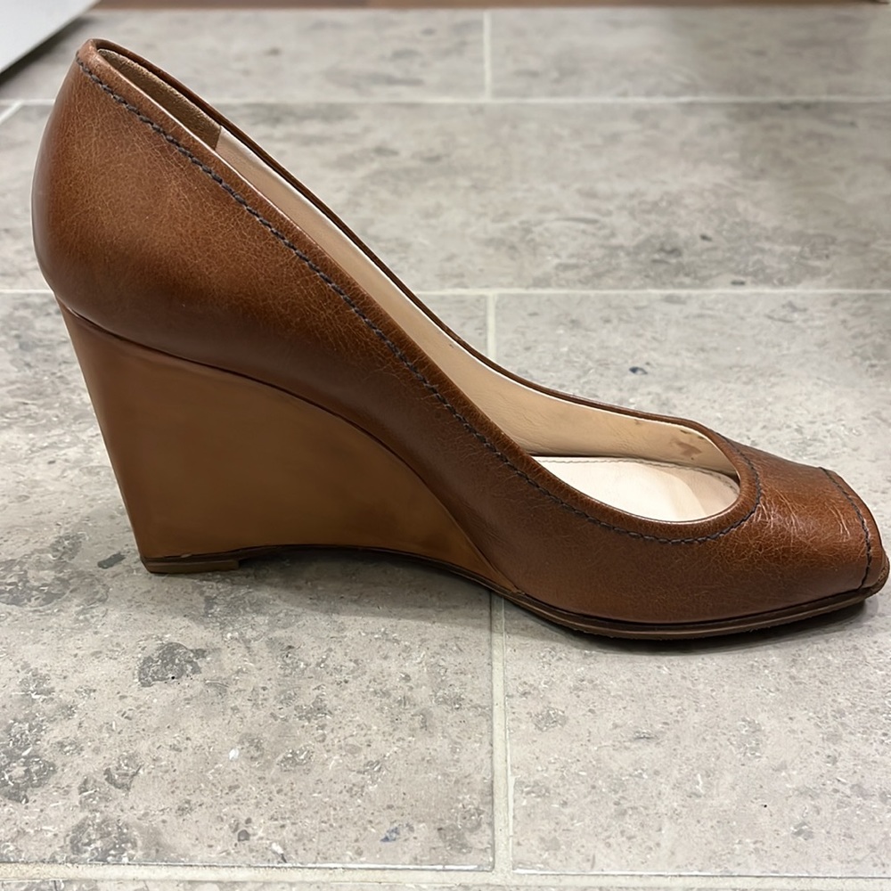 Prada Camel Leather Peep Toe Wedge Heel (37)